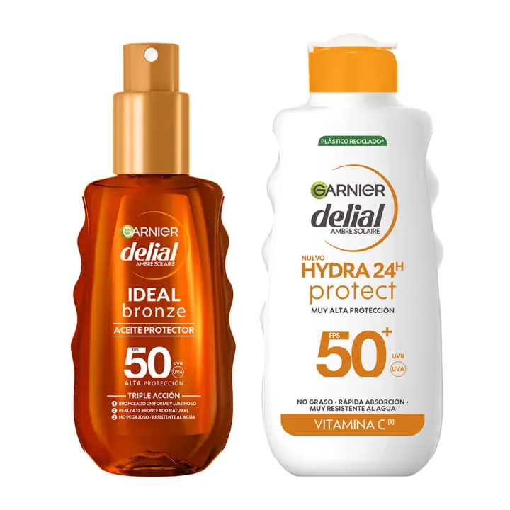 GARNIER | Delial Pack de Aceite Protector IDEAL Bronze FPS 50 para un bronceado uniforme y luminoso + Hydra 24H Protect Leche de Alta Protección FPS50 - 150+175ml - 1