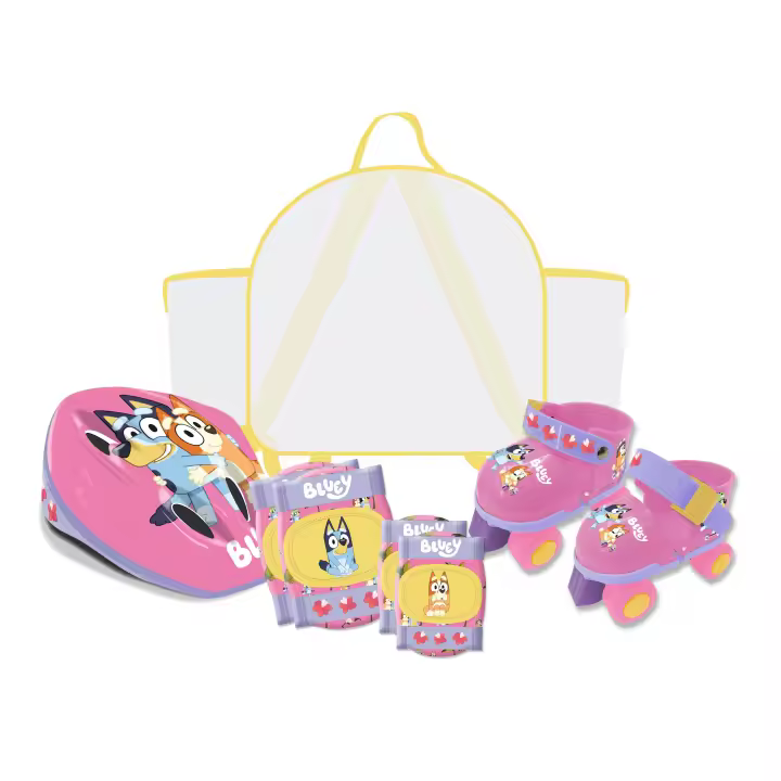 Mochila de Rollers, Casco y Protecciones, con diseños exclusivos de Bluey Pink (4618) Incluye los rollers, el casco y protecciones para rodillas y codos. Set para principiantes. Calidad al mejor precio. De acuerdo a la normativa CE. +3 años - 1