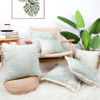 Funda De Cojín Decorativa Verde Con Estampado Geométrico Y Lazos Para Sofá Sala De Estar Dormitorio 100% Poliéster Lavable - details 0
