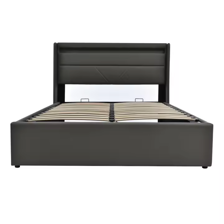 Cama de almacenamiento hidráulico con tira de Luz LED, Cama Doble Marco de Cama tapizada 160x200 cm, Cama funcional, gris (con colchón) - 1