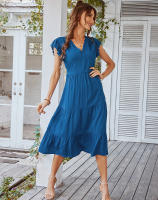 Vestido Largo Medio De Verano Para Mujer Con Manga Volante Y Cuello V Estilo Casual Suelto A-Line Sin Capucha Material Viscosa Y Poliéster - details 17