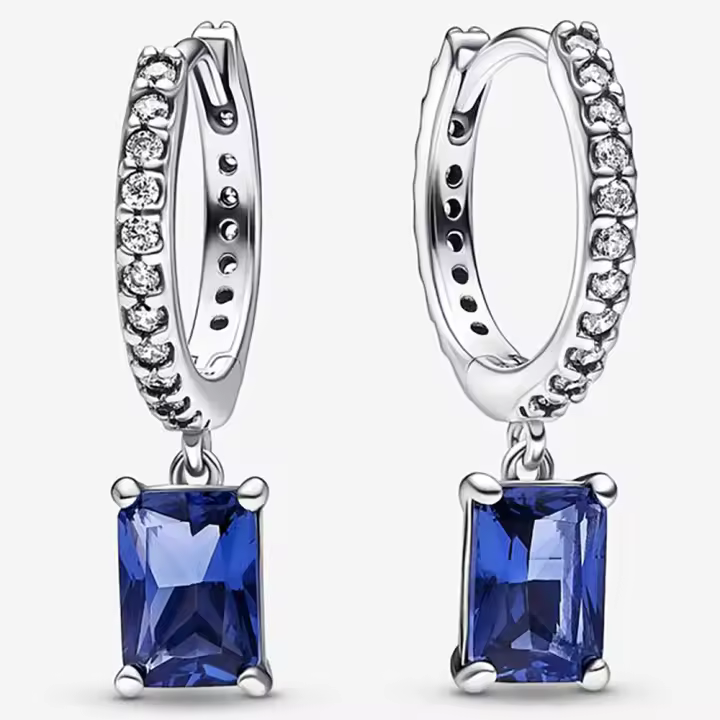 Pandora Pendientes de Aro en Plata de Ley Rectángulo Azul Abrazo Brillante，Incluye Caja Original - 1