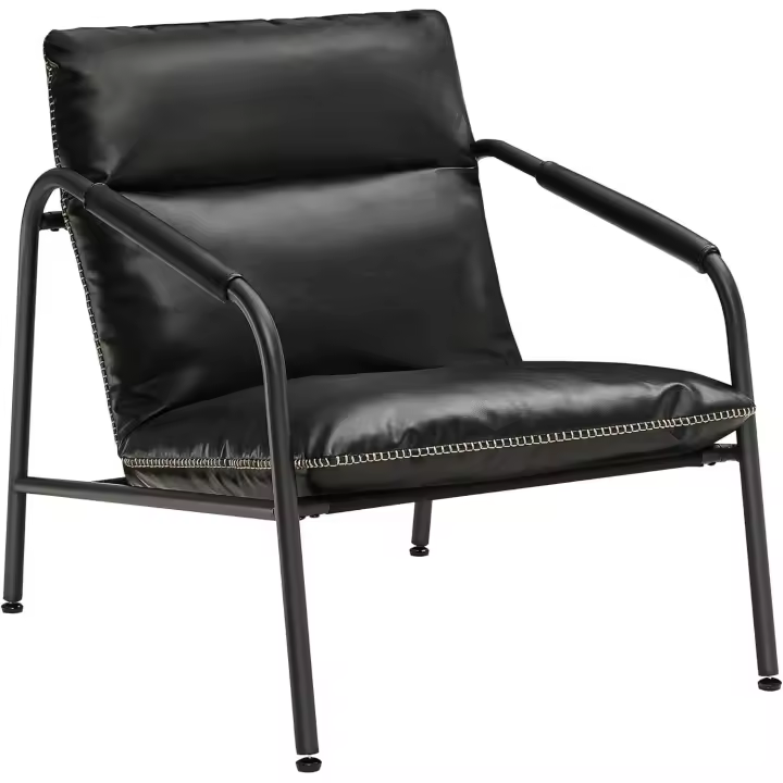 Sillón, Silla con Brazos con Estructura Metálica, Cuero Sintético con Costuras, Moderno Siglo Medio, para Salón, Dormitorio, Estudio, Negro Tinta - 1