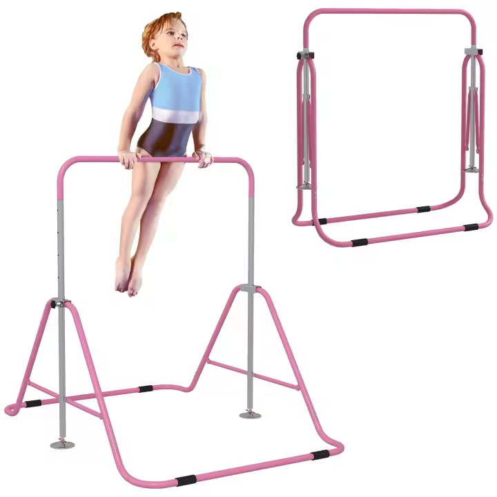 HOMCOM Barra Fija de Gimnasia Infantil Plegable - Altura Regulable de 88 a 128 cm - con Base Triangular de Acero - Rosa - 1