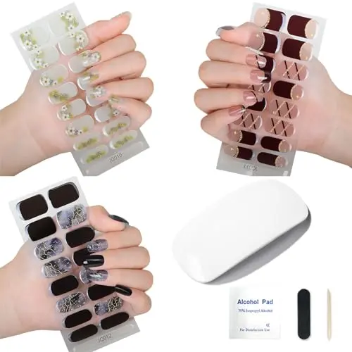Pegatinas de uñas de gel con kit de luz UV, pegatinas de uñas de gel UV, gel semicurado - Kit de inicio de pegatinas de uñas de gel DIY (color 1-012) - 1