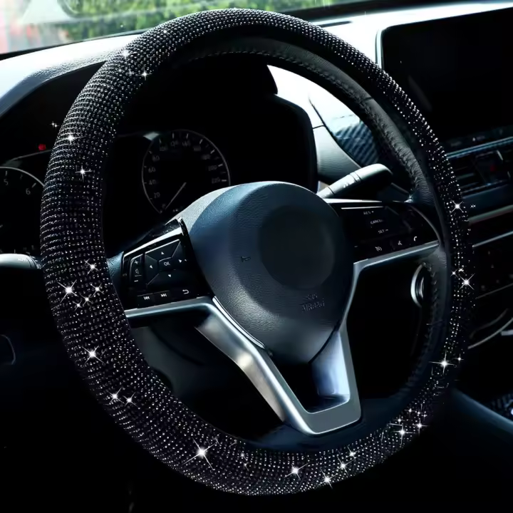 Cubierta De Volante Elástica Decorativa Con Diamantes Para Coche Accesorios De Decoración De Automóvil Material De Flanelleta Tamaño 38cm - 1