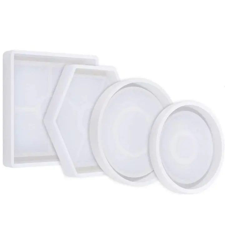 Molde de silicona DIY Coaster, 4 piezas de resina y epoxi moldes Coaster molde para fundición hexagonal cuadrado redondo posavasos moldes con resina, hormigón, cemento - 1