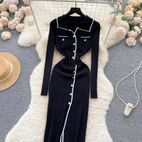 Vestido De Lana Elegante De Otoño Invierno Para Mujer Cintura Alta Botones Cuello Bajado Largo De Contraste Nuevo 2024 - details 4