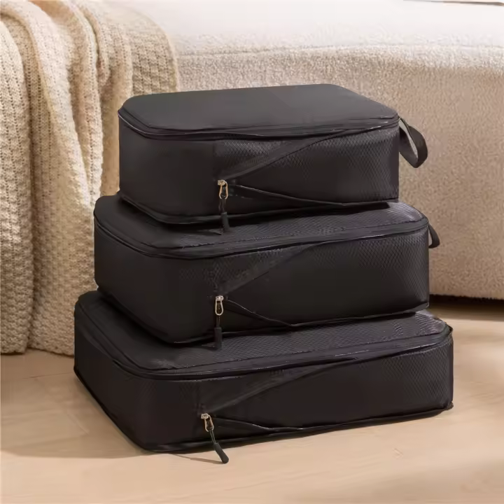Set De 3 Bolsas De Viaje Compressibles Multifuncionales Organizador De Maleta Impermeable De Nylon Plegable Portátil Rosa - 1