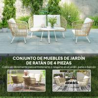 Outsunny Conjunto de Jardín Exterior de Ratán Sintético de 4 Piezas Muebles de Jardín Exterior con Sofá de 2 Plazas 2 Sillones 1 Mesa de Centro de Metal con Cojines Crema y Natural - details 3
