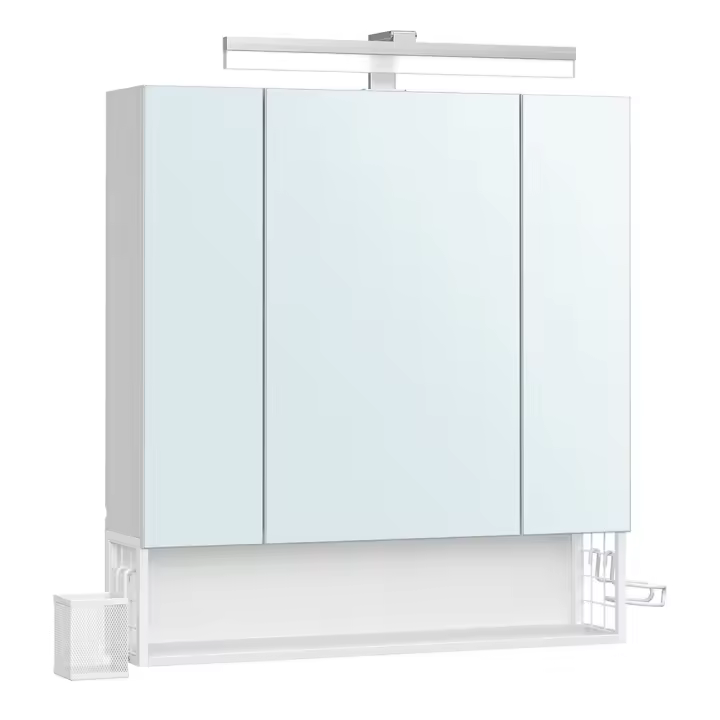 Armario de baño multifuncional con espejo 3 puertas, mueble de pared integrado con enchufe, cesta colgante y soporte para secador, espacioso, blanco nube, gris paloma - 1