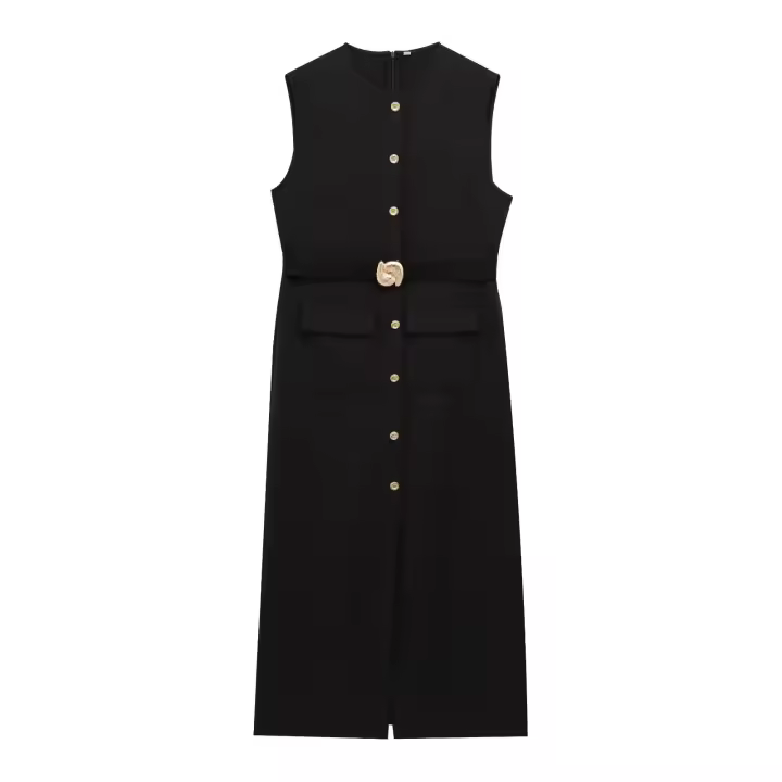 Vestido Midi Elegante De Verano Para Mujer TRAFZA Sin Mangas Con Cinturón Y Abertura En La Frontera Estilo Slim Cierre De Cremallera En La Espalda - 1