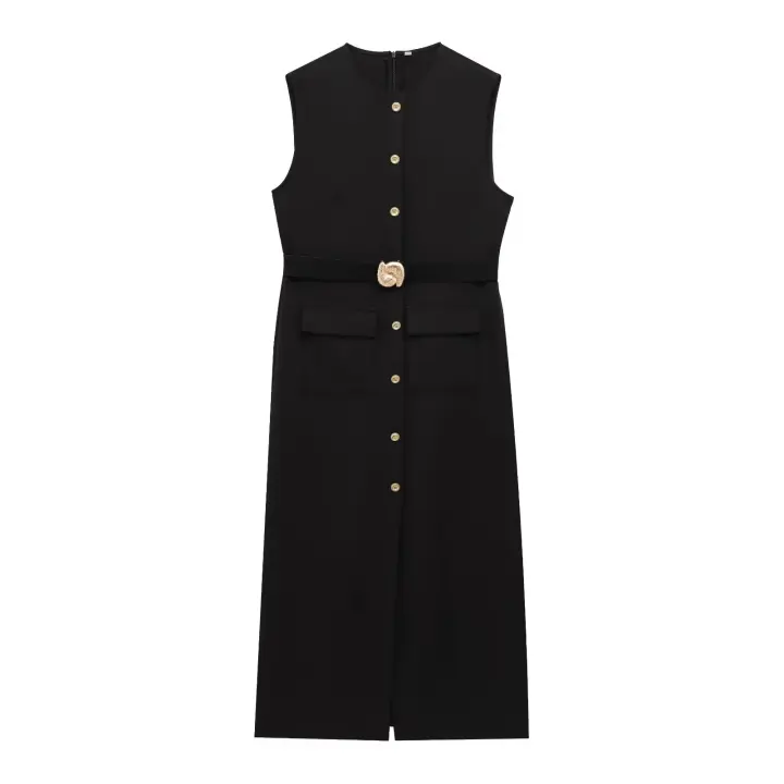 Vestido Midi Elegante De Verano Para Mujer TRAFZA Sin Mangas Con Cinturón Y Abertura En La Frontera Estilo Slim Cierre De Cremallera En La Espalda - 1