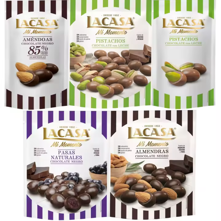 Lacasa Mi Momento pack de 5:Pistacho Chocolate Leche,Almendra 85% ,Pasas Chocolate Negro ,Almendra Chocolate Negro ,Pistacho Chocolate Leche - 1