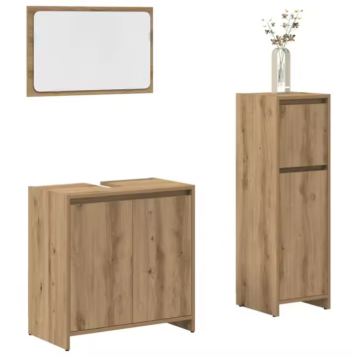 vidaXL Set de muebles baño 3 pzas madera contrachapada roble marrón en color Marrón roble/Roble artisan/Madera antigua y más | almacenamiento funcional diseño moderno para baño dormitorio sala - 1