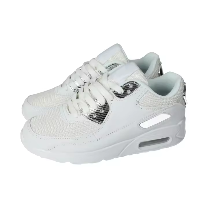 Deportivos marca DEMAX para mujer en color blanco-plata. Deportivas en color blanco y plata para mujer, con cordones para ajustar, plantilla extraible y piso de goma con cámara de aire - 1