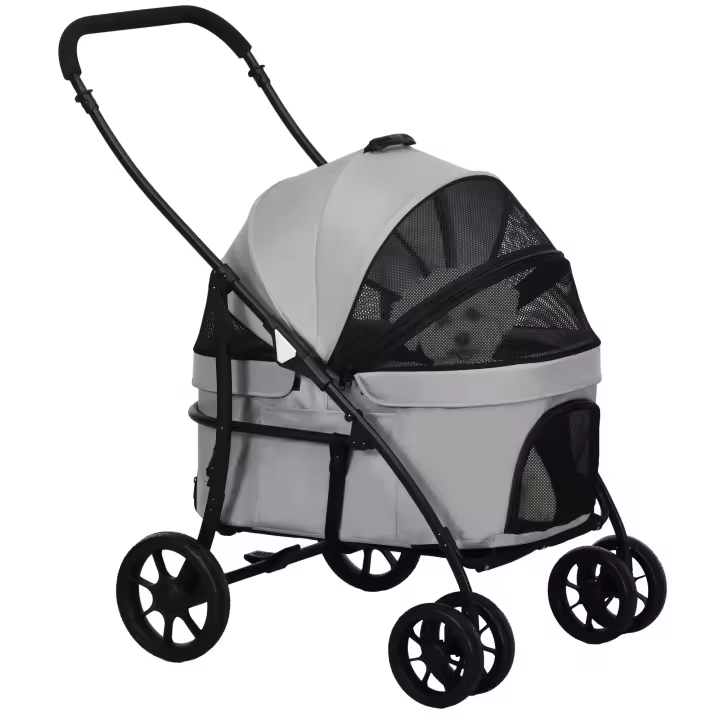 PawHut - Cochecito para perros y transportín para gatos 2 en 1, plegable, con capazo desmontable, cojín y correa de seguridad, hasta 10 kg, acero, 81 x 68 x 98,5 cm, gris - 1