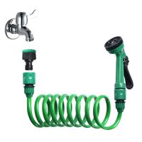 Mangera espiral, extensible hasta 15 metros, Mangera de jardín extensible con pistola, 5 tipos de chorro, verde, mangera de resistencia con modos de riego y conector universal, uso para jardín, terraza, local, lavar el cocheetc. - details 0
