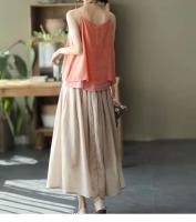 Falda A-Line De Lino Verde Casual Cintura Alta Elástica Para Mujer Larga Hasta La Rodilla Moda Otoño 2024 Estilo Suelto - details 9