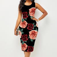 Vestido Sin Mangas Para Mujer Estampado De Cintura a Caderas Moda Primavera Verano Vestido De Poliéster Con Estilo Casual Largo De Rodilla - details 4