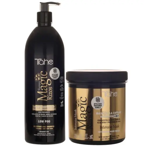 Tahe Pack XXL Cabellos finos: Champú Low Poo 1000 Ml. + Mascarilla intensiva 3 en 1 Magic Rizos 700 Ml. / Pack para el cuidado del cabello fino y rizado. - 1