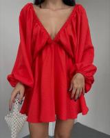 Vestido De Mujer Estilo Oficina Con Cuello V Y Manga Puff Sin Espalda Color Sólido A-Line Longitud Mini Decoración Pliegues - details 6