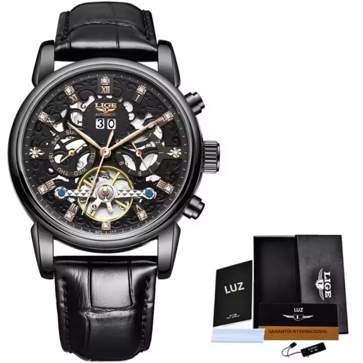 Reloj De Lujo LIGE Para Hombre Con Torbión Estilo Casual Y Deportivo Resistente Al Agua Mecánico Automático Cuero Correa Cronógrafo Calendario Semanal - 1