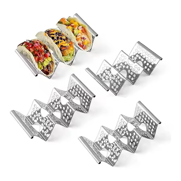 Taco stand, 4-pack stainless steel stand with handle, taco tray holds up to 3 tacos, taco stand - 1