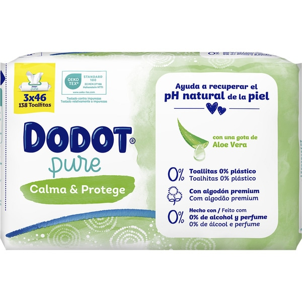 Dodot Toallitas Pure Calma & Protege Aloe Vera para Bebé 828 Toallitas (18 Paquetes de 46 Toallitas), Ayuda a restaurar el pH natural de la piel, una gota de Aloe Vera.