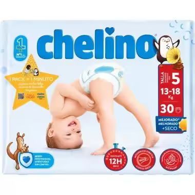 Chelino - Pañales Pasitos Talla 5 (13–18 kg) 30 uds con doble núcleo de absorción, barrera antiescapes y tejido hipoalergénico para primeros pasos - 1