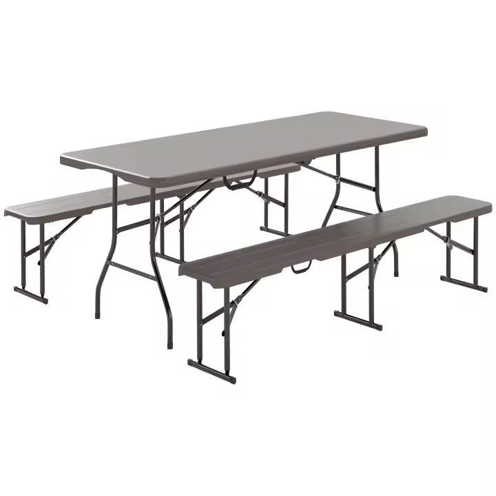 Outsunny Conjunto de Camping Plegable de 3 Piezas Mesa Plegable Camping con Bancos Incluye 1 Mesa 180x74x74 cm y 2 Bancos Efecto Madera Impermeable para Acampadas Jardín Pícnic Marrón - 1