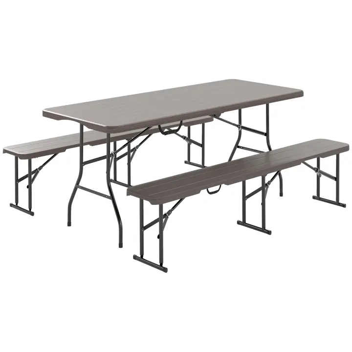 Outsunny Conjunto de Camping Plegable de 3 Piezas Mesa Plegable Camping con Bancos Incluye 1 Mesa 180x74x74 cm y 2 Bancos Efecto Madera Impermeable para Acampadas Jardín Pícnic Marrón - 1