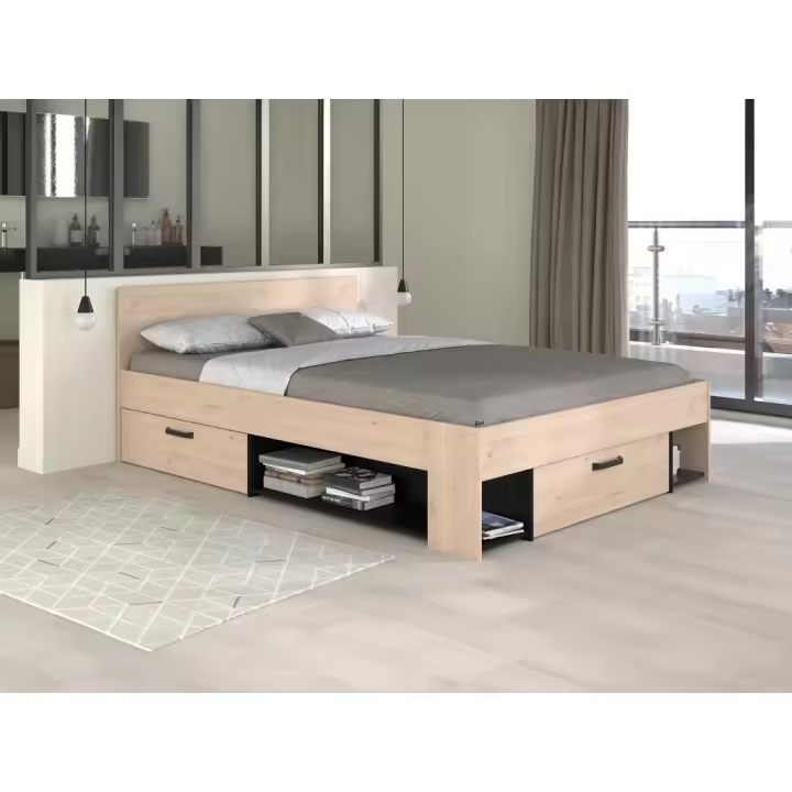 Vente-unique - Cama 140 x 190/200 cm con almacenamiento - Color: Natural y negro - KINSELIA - 1