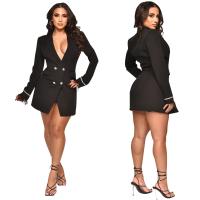 Chaqueta De Mujer Elegante De Verano Con Cuello V Y Mangas Largas Doble Filo Traje Femenino Para Oficina A-Line Midi - details 28