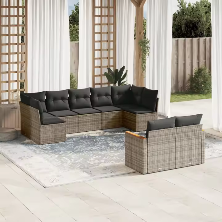 vidaXL Set de muebles de jardín 9 pzas y cojines ratán sintético gris - 1