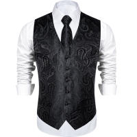 Chaleco Formal Para Hombre Negro Con Paisley Cuello Con Corbata Lazo Handkerchief Cufflinks Para Boda Prom Tuxedo Vestido De Noche - details 4