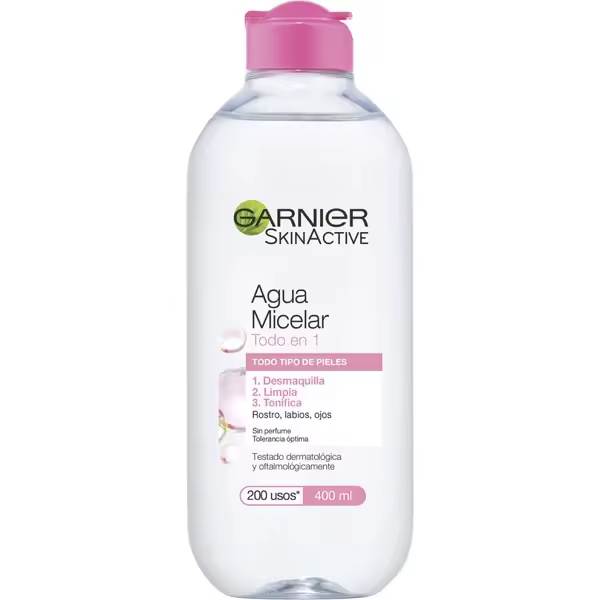 GARNIER Skin Active agua micelar desmaquilla limpia y tonifica rostro labios y ojos sin perfume frasco 400 ml para todo tipo de piel - 1