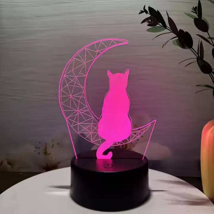 Lámpara De Noche 3D Ilusión Óptica Gato Geométrico 7 Colores Cambiantes Con Toque Para Decoración De Dormitorio - 1