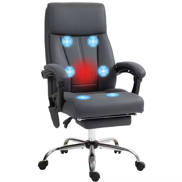 Vinsetto Silla de oficina con función de masaje, Silla de escritorio ergonómica con función reclinable, Calefacción lumbar, Silla de ordenador ajustable en altura con reposapiés, Función giratoria - 1