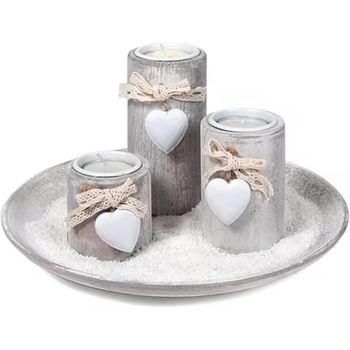 Bandeja con 3 portavelas de Madera con corazón y Arena Blanca 24 cm, Velas Decorativas jardín, baño, Bodas, decoración Vintage hogar - 1