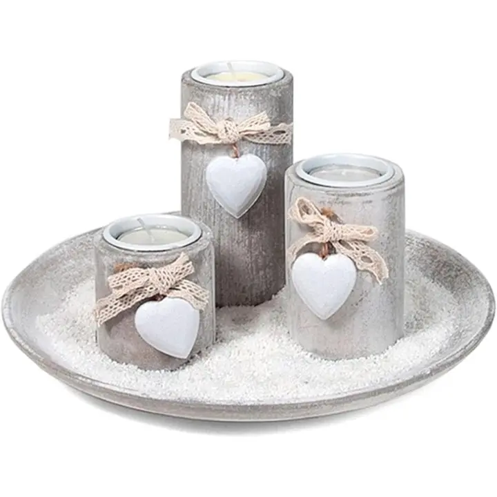 Bandeja con 3 portavelas de Madera con corazón y Arena Blanca 24 cm, Velas Decorativas jardín, baño, Bodas, decoración Vintage hogar - 1