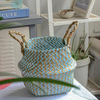 Bolsa De Almacenamiento Bohemia De Paja Con Estampado Rayado Y Florales Hecha a Mano Plegable Para Ropa Jardín Maceta - details 5