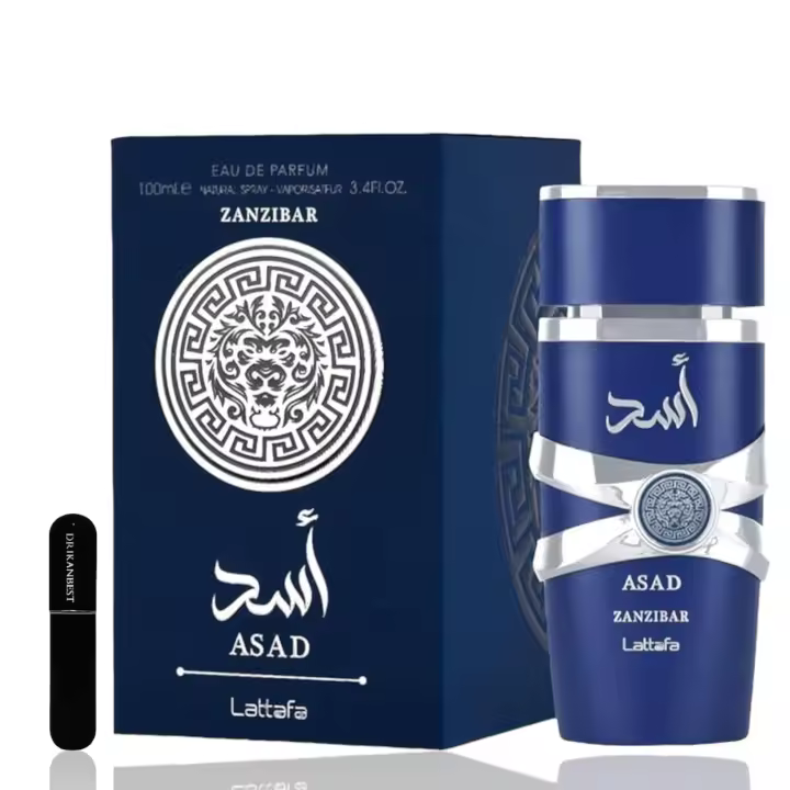 Asad Zanzibar Lattafa Perfume Árabe para Hombres - Fragancia Tropical y Fresca de Verano, 100ml - Eau de Parfum de Larga Duración+REGALO Atomizador 5ML DRIKANBEST Recargable - 1
