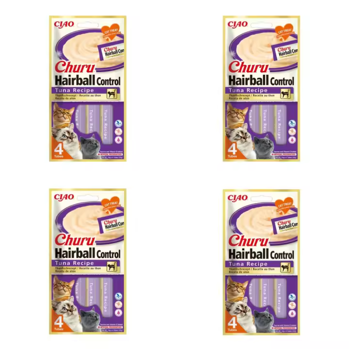 INABA 16 CHURU HAIRBALL SNACKS CREMOSOS DE ATÚN PARA GATOS. Deliciosa salsa que puedes agregar a la comida de tu gato mientras controlas las bolas de pelo. ¡Tu gato te lo agradecerá con purrrs de felicidad! - 1