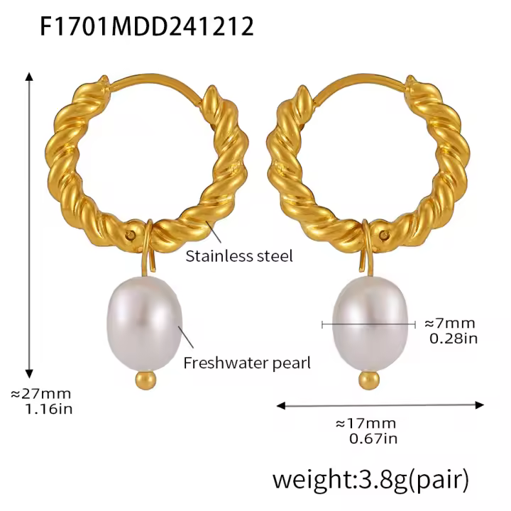 Pendientes Colgantes de Perla Natural de Agua Dulce + Maple Inoxidizable Dorado 18K,Aros Retorcidos Chapayos en Oro,Joyería de Moda para Mujer,Diseño Elegante y Sofisticado, Resistentes al Agua,Duraderos, accesorios de Lujo,Idea de Regalo para Cumpleaños - 1