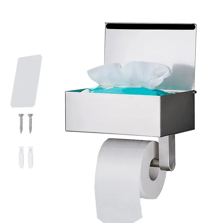 Soporte de Papel higiénico sin taladrar-Sus304 Soporte de Papel higiénico Plisado de Maple inoxidable con estante-Soporte de Papel higiénico con Caja de toallitas húmedas-Aseos - 1