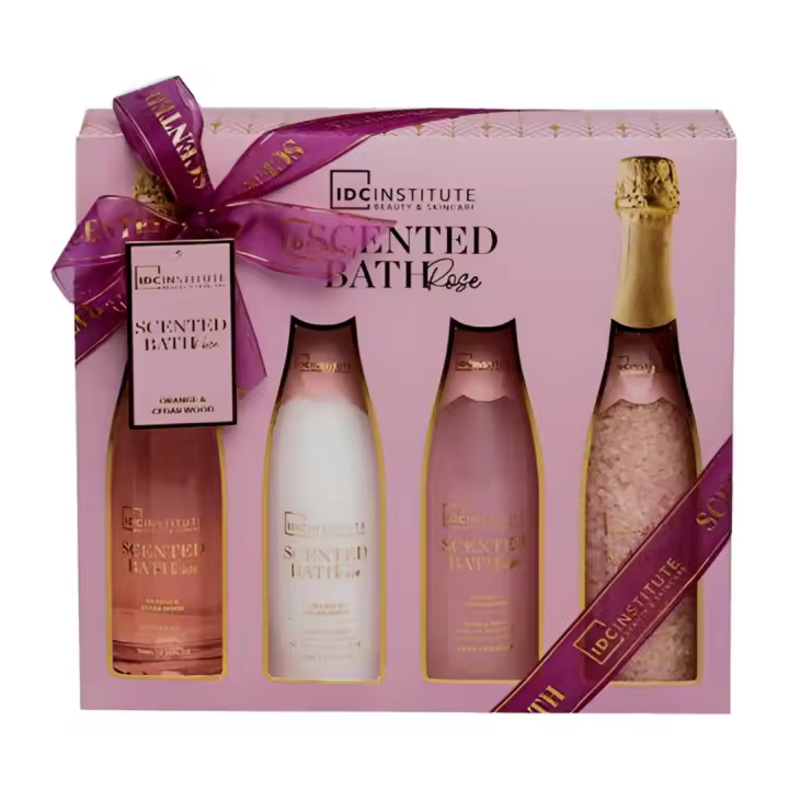 IDC Institute Rose Champagne: Set 4 Piezas – Loción, Gel, Baño de Burbujas y Sales en Elegante Packaging con Fragancia de Naranjo y Cedro - 1