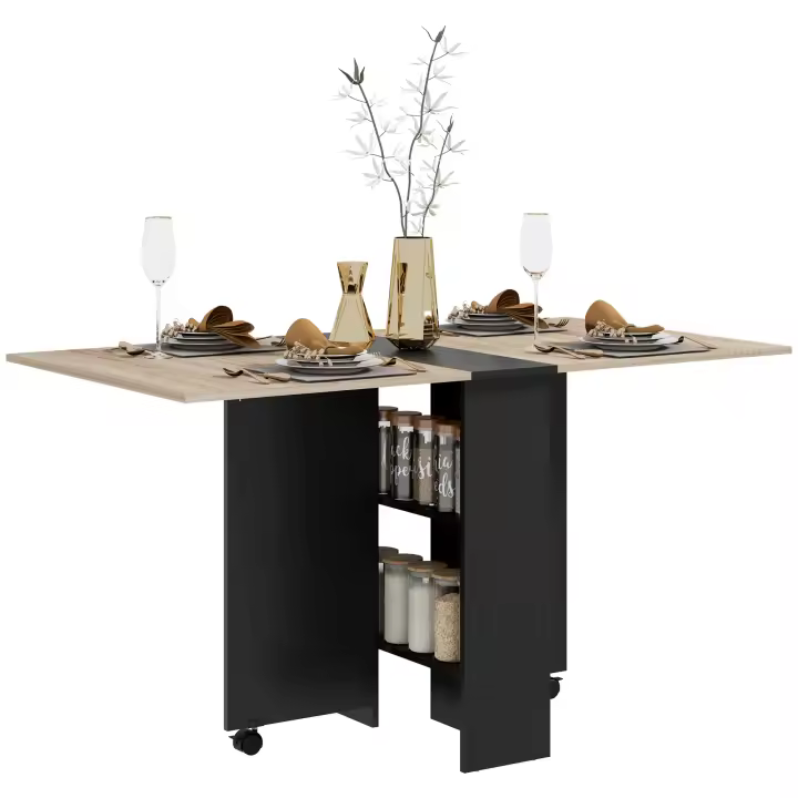 HOMCOM Mesa Plegable de Comedor Mesa de Cocina Plegable con Ruedas Alas Abatibles y Estantes Mesa Plegable para 4-6 Personas 75x140x74 cm Natural y Negro - 1