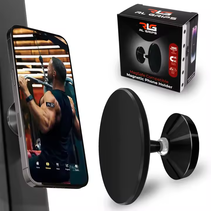 RL Grips® Soporte Magnético Gym para Móviles Grandes y Pequeños con Doble Imán- Imán Gym Ideal para iPhone con Rotación 360º - Soporte de Teléfono para Máquinas de Gimnasio compatible con Magsafe + 3 Pegatinas Metálicas - 1