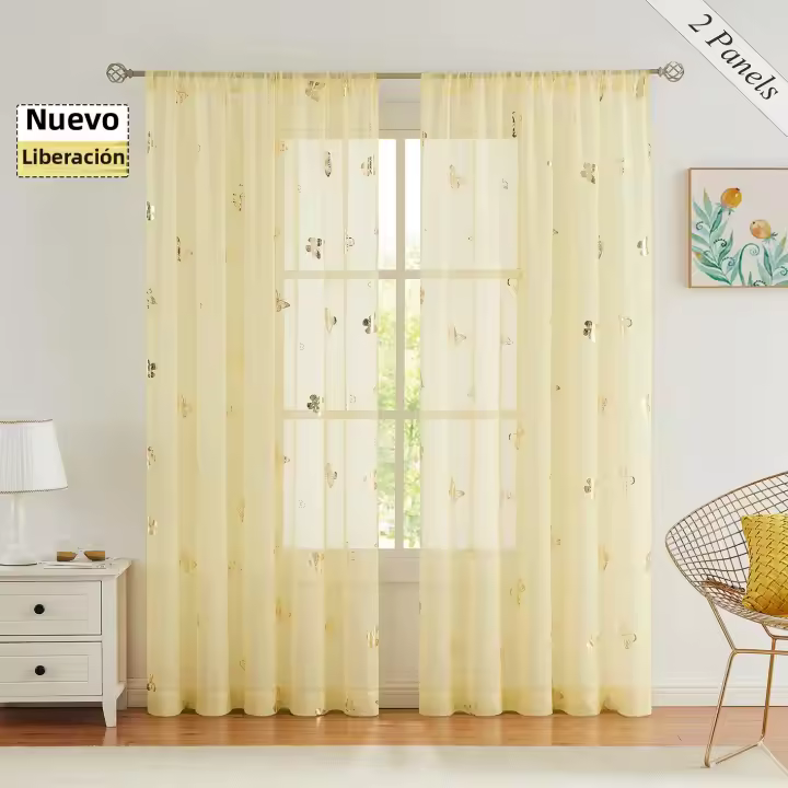 Cortinas Sheer De Mariposa Dorada Doble Capa Románticas Para Sala De Estar Dormitorio De Niñas Decoración De Ventanas Técnica Tejida Material 100% Poliéster - 1